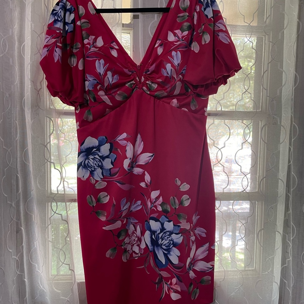Sz 16 Guess Hot pink Puff Sleeve V-Neck Midi Dress